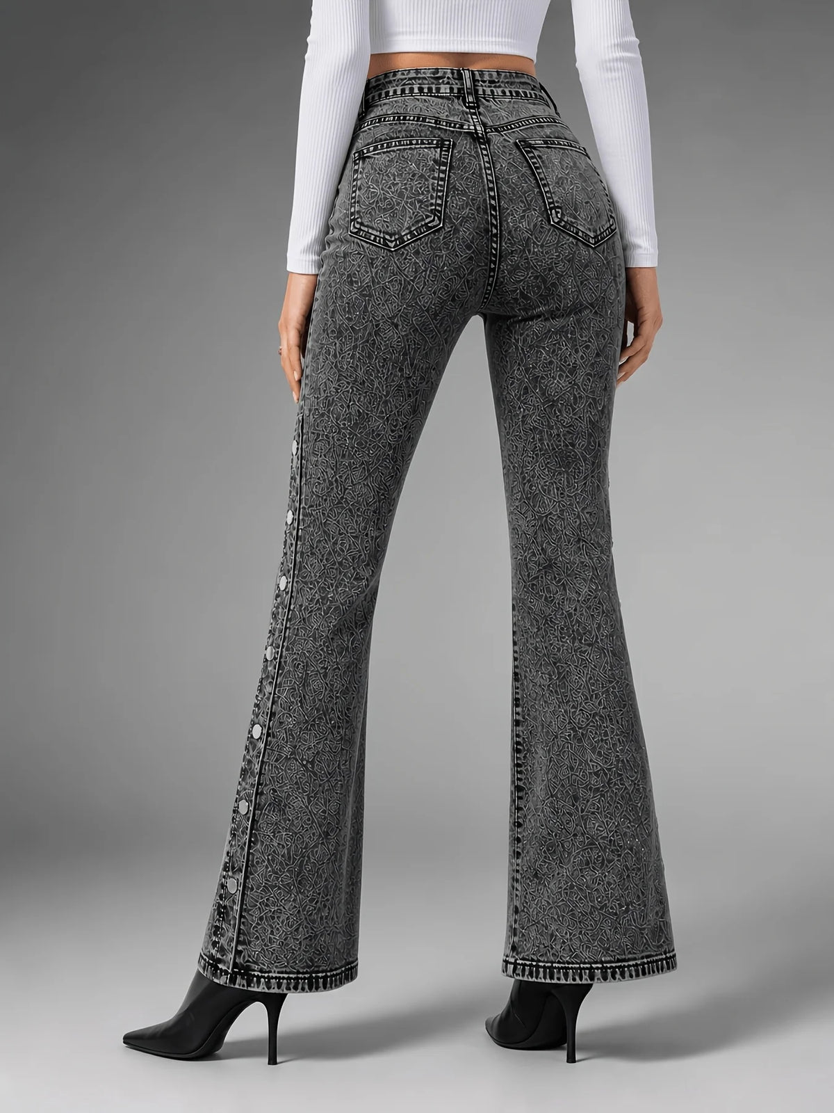 Classic and retro stretch flared jeans for women, with a mid-waist side slit and multi-button design, slimming and lifting the buttocks, elegant and fashionable, versatile, perfect holiday gift, autumn jeans for wo
