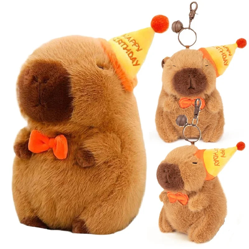Capybara Plush Toy Birthday Hat Doll Cute Capibara Stuffed Keychain Plushie Fluffty Doll Toy Birthday Gift Kawaii Bag Key Ring