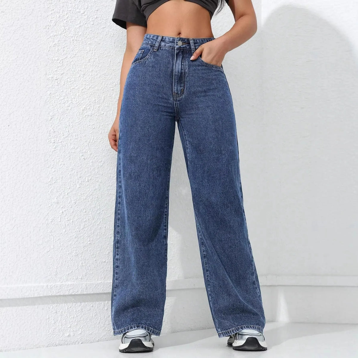 American Style Wide Leg Denim Jeans Women's Vintage Loose Slim Straight Floor-Length Casual High Waist Jeans