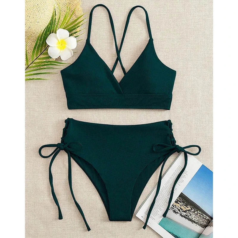 Solid Bikini Set Swimsuit Women V Neck Backless Lace Up High Cut Thong Split Bathing Suit 2025 Beach Swimwear 2 Piece Sets