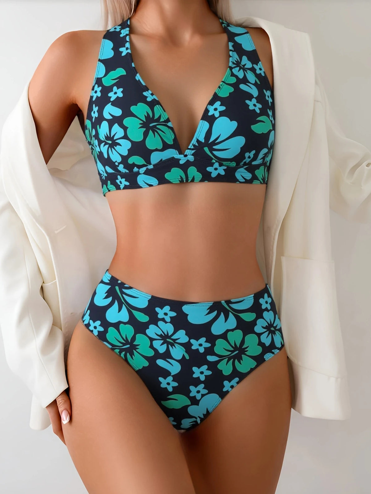 Vintage Black Turquoise Hibiscus Print Halter Bikini, 2 Piece Women's Swimsuit, Retro Hawaiian Style Bathing Suit for Summer Bea