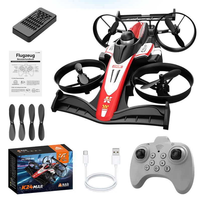 Look here! A mini car and drone combo - a dual-mode, multi-functional gift! One-button takeoff, stable hovering, racing mode, headless mode, and 360Â° aerial flips. The perfect Christmas gift or a fun birthday present!