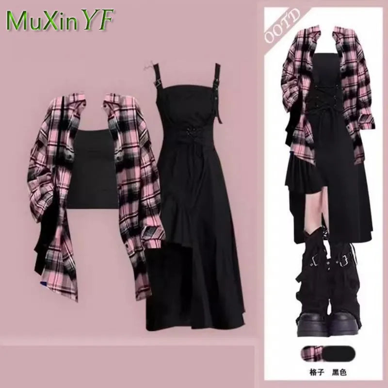 Women Summer/Autumn Fashion Plaid Shirt+Sexy Irregular Dress Matching Set Korean Elegant Cardigan Strip Skirt Two Piece Suit