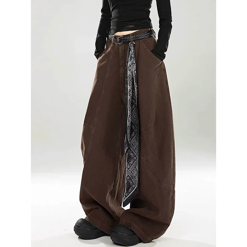 ZHIZOU Women Brown Gothic Baggy Y2k Jeans Vintage Harajuku Gradient Jean Pants American 2000s Oversize Denim Trousers Autumn
