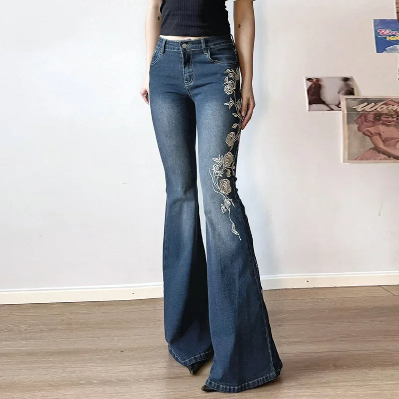 Women Retro Y2k Jeans Baggy Floral Embroidery Jeans Vintage 2000s Low Rise Flared Denim Pants High Street Basic Trousers