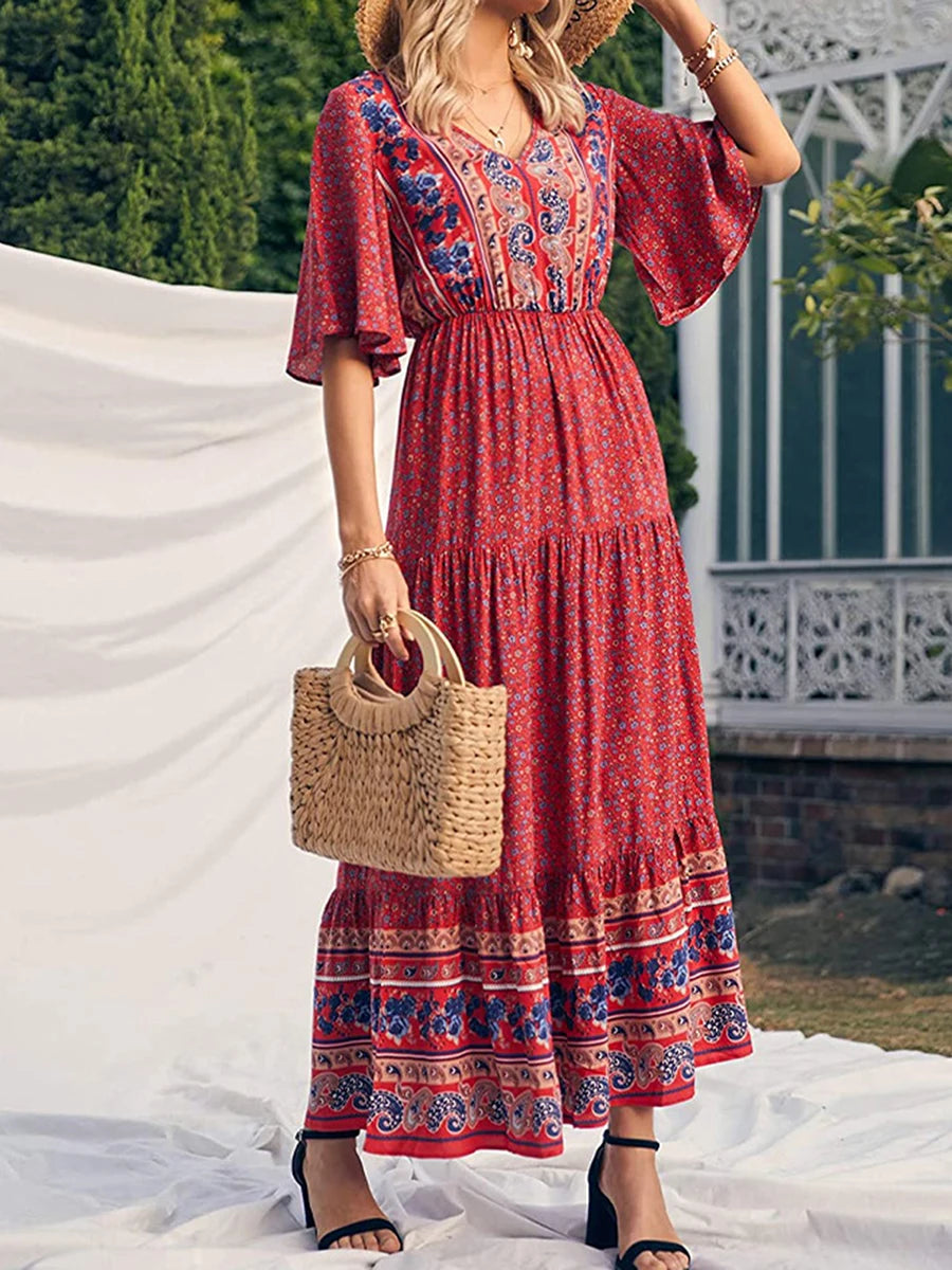 Elegant Casual Long Dress Boho Print Design Short Sleeve V Neck Summer Dress For Women 2024 Fashion