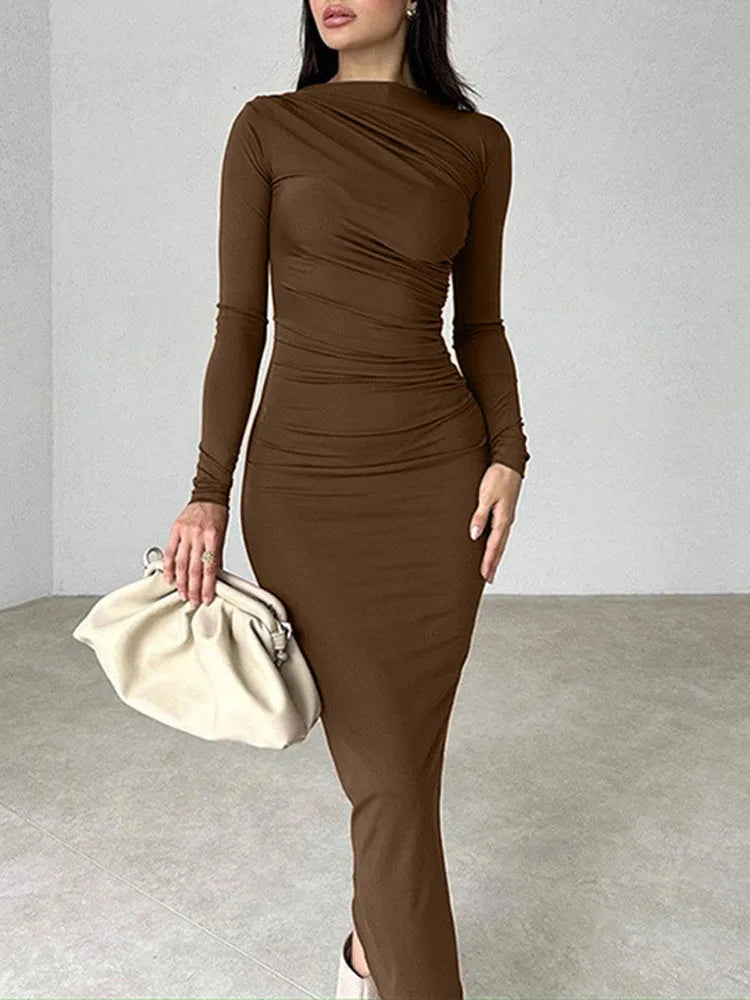 Women Elegant Solid Black Bodycon Maxi Dress Long Sleeve Lady O-neck Evening Party Vestidos Robe