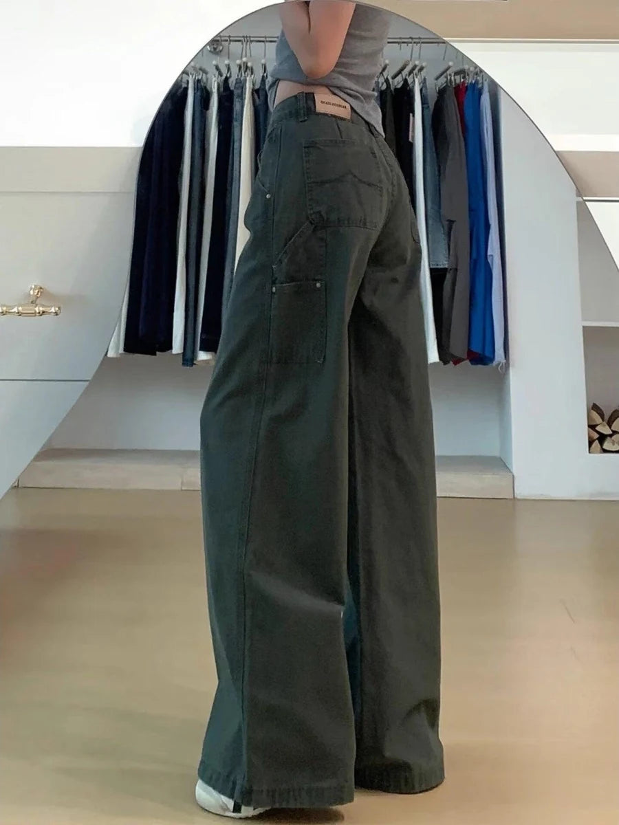 Jeans American Style Military Green Straight Leg Jeans Women's Loose Slim High Waist Casual Wide Leg Pants Autumn Arrival