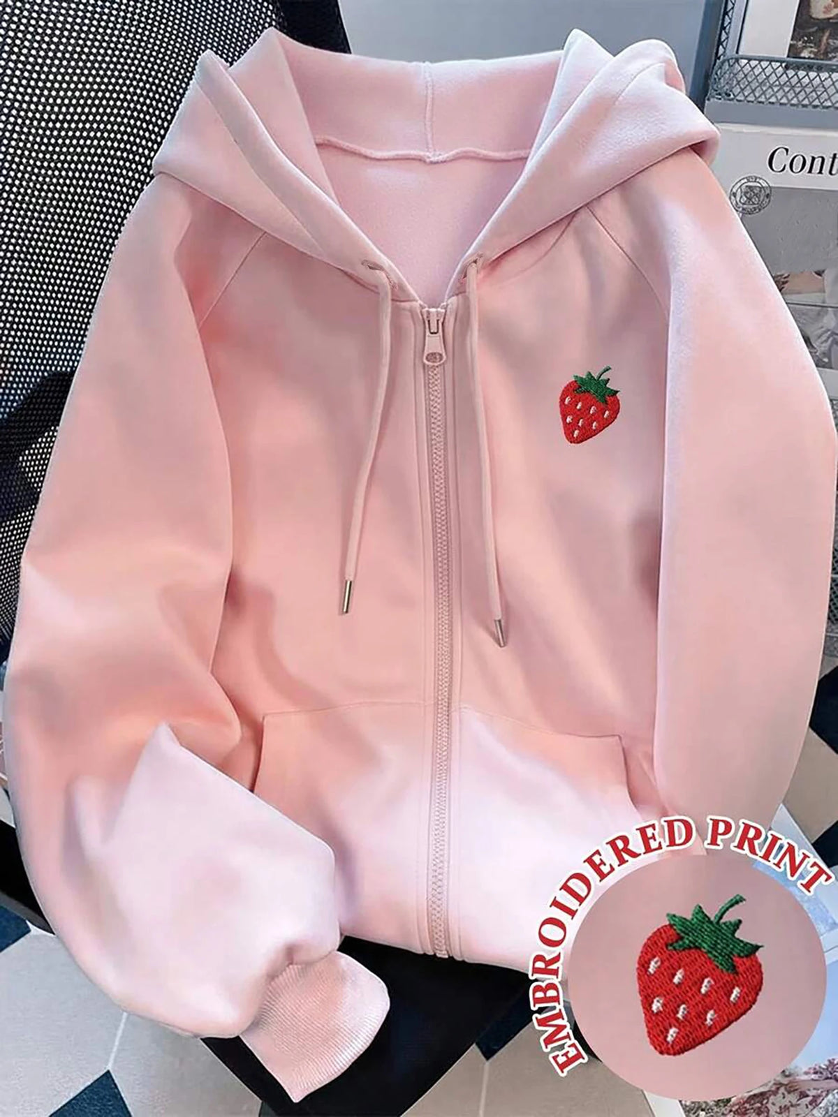 Fleece Lined Zip Up Hoodie For Women, Loose Strawberry Embroidery Casual Long Sleeve Hooded Sweatshirt Coat With Pocket