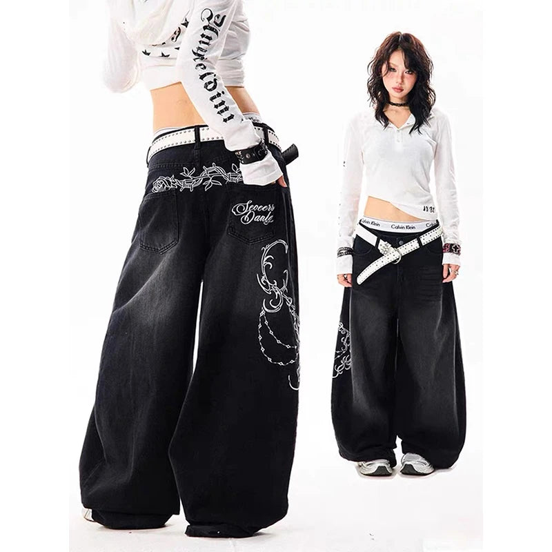YIBASHU Women Vintage Embroidery Y2K Baggy Jeans Female High Waist 2000s Wide Leg Denim Pants American Retro Harajuku Trouser
