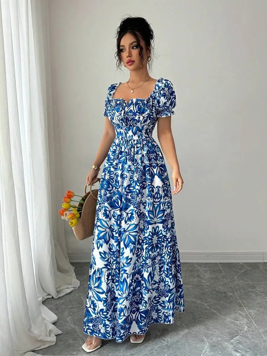 Elegant Blue Floral Print Dress for Women with Bubble Sleeves Long Casual Vacation Front Tie Back Gathered Waist