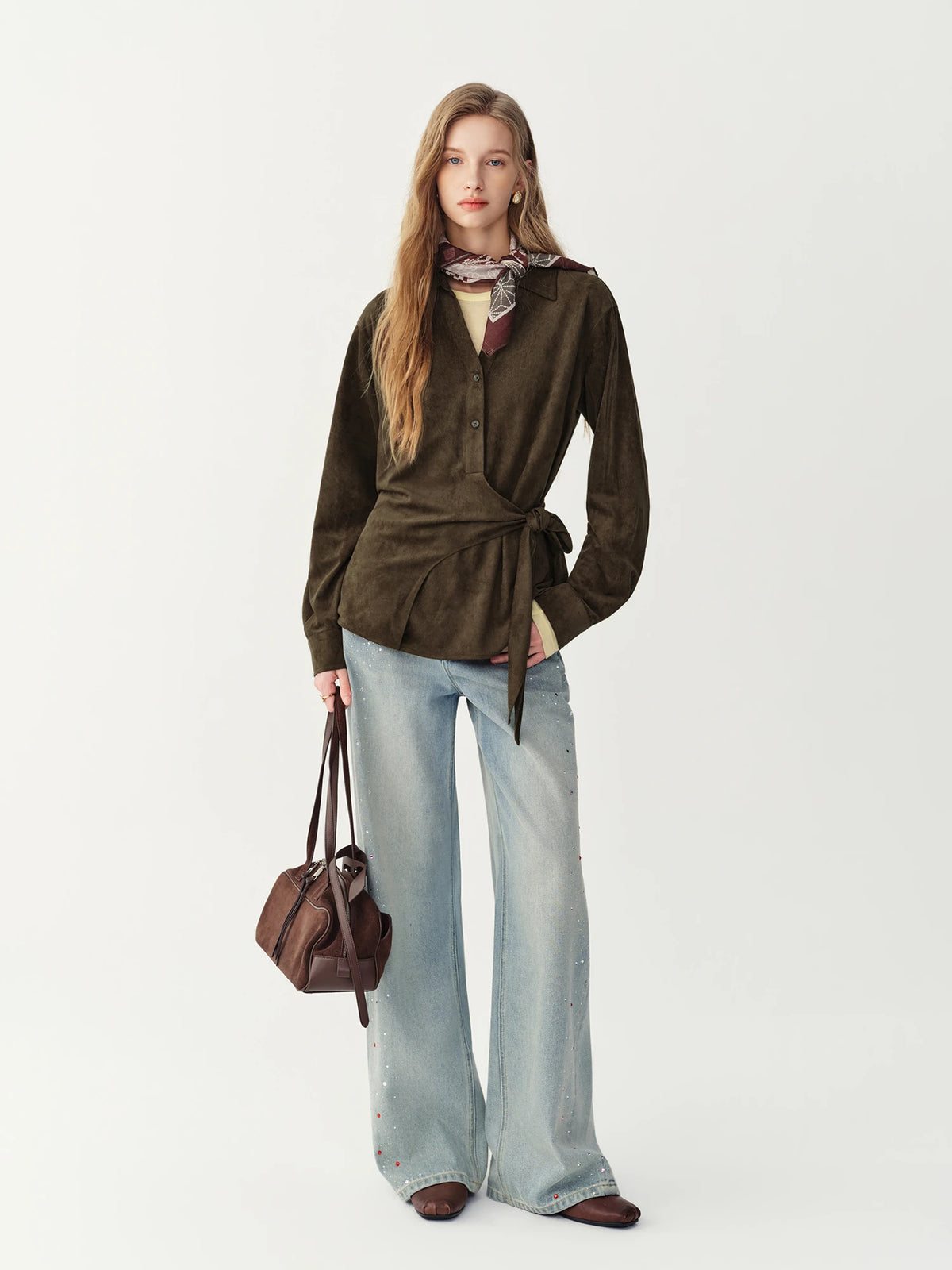 Set FSLE Maillard Coffee Faux Suede Tie Waist Shirt and Skirt Two Piece Set Women Retro Slimming Office Commute Date Outfits