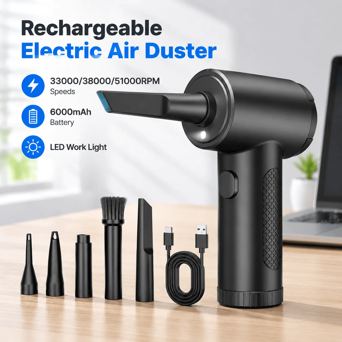Rechargeable Electric Air Duster, 33000/38000/51000RPM Speeds, 6000mAh Battery, LED Work Light, USB-C Charging, Five Nozzles, for Computer Keyboards, Car Interiors, Fans and Household Dust Cleaning, Black, ABS and PC, 16 x 11 x 4.5cm