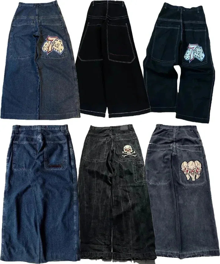 Men Harajuku Hip Hop Jeans Retro Gothic Y2K High Waist Baggy Wide Leg Denim Pants Embroidered Pattern Blue Streetwear Trousers