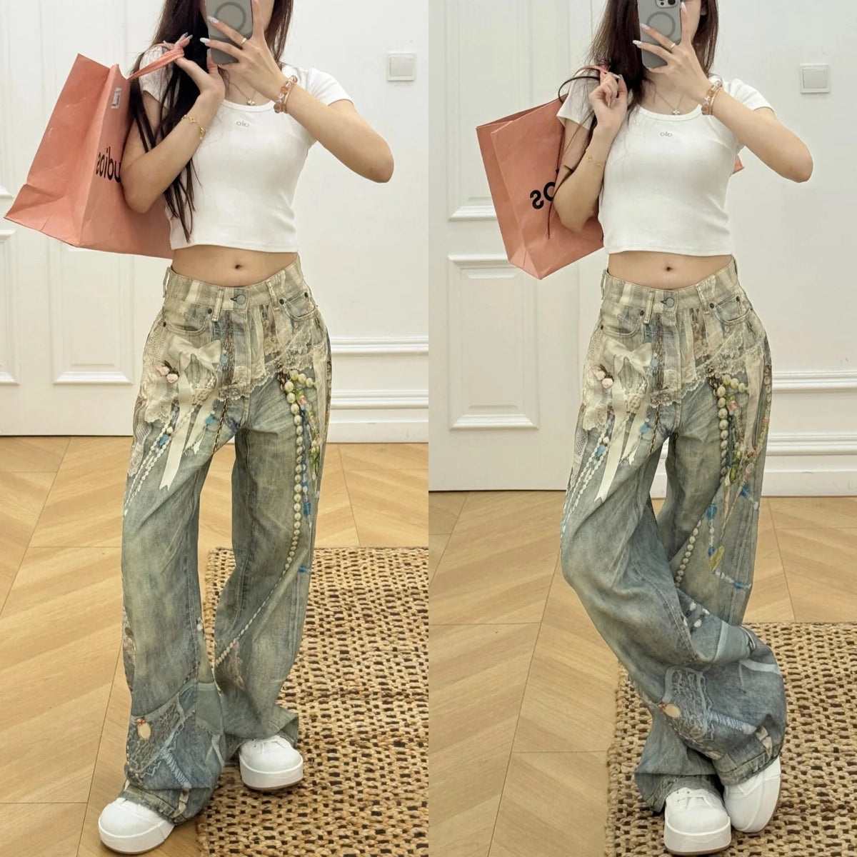 Y2k Jeans Baggy Fashion Product 3D Printed Lace Pearl Chain Straight Tube Women Pants High Waisted Jeans Pants for Woman