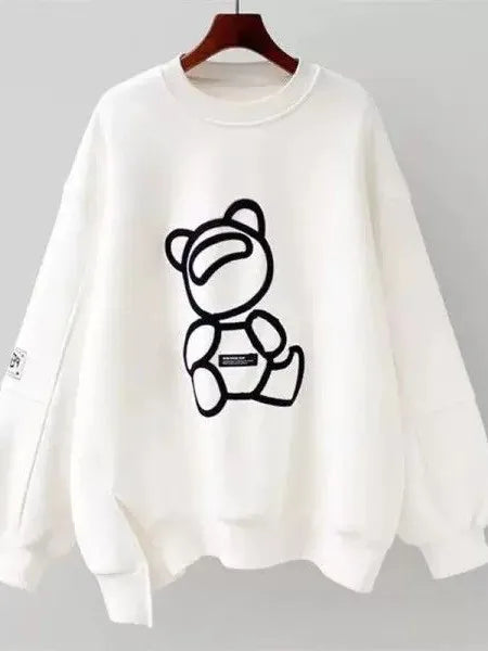 Sweatshirt Korean Style Bear Print Fleece Lined Thickened Loose Women's Sweatshirt Fashionable Neutral Style White Autumn Winter New Arr...