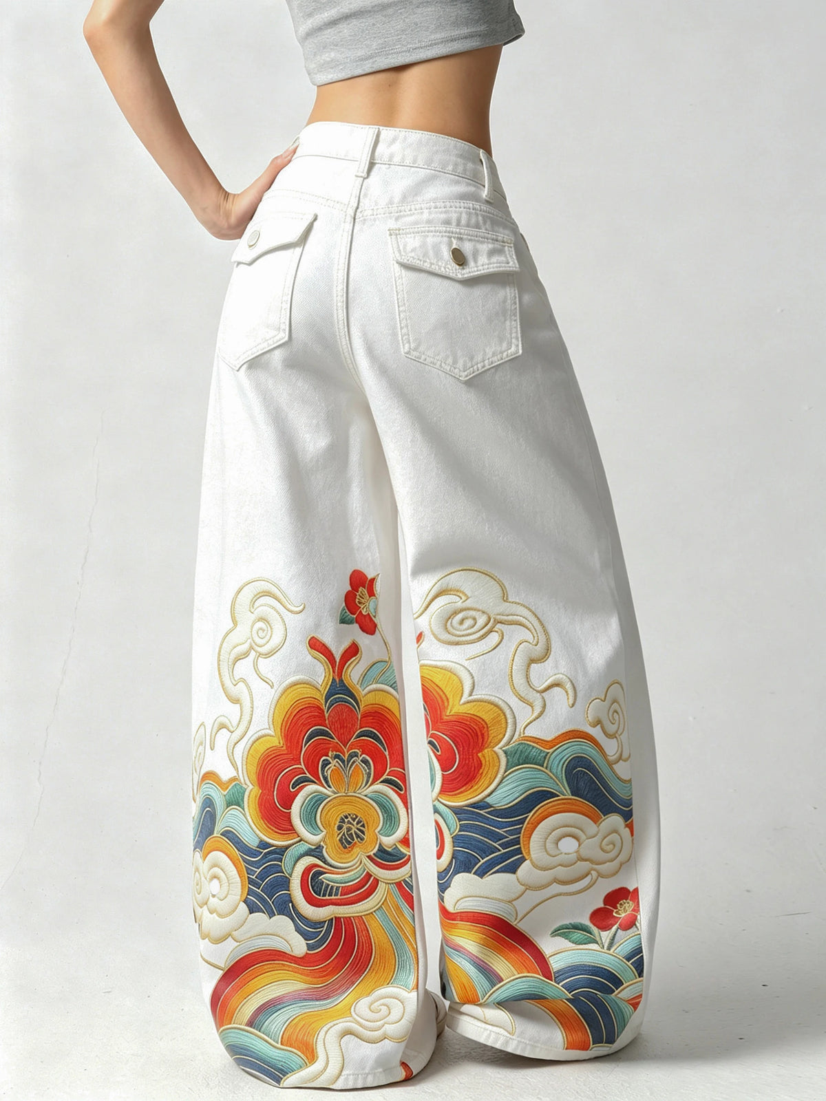 American Street Women's Retro White Wide-Leg Jeans With Colorful Cloud And Floral Prints Y2K Streetwear Trendy Fashion High-Waist Baggy Stylish Long Pants