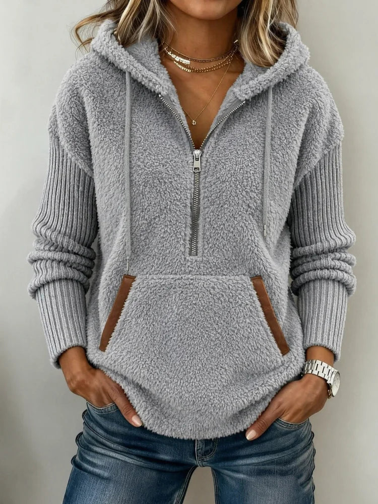 Women's Fuzzy Fleece Hoodie, Gray Plush Long Sleeve Half Zip Pullover Sweatshirt with Drawstring Hood and Front Pocket, Casual Winter Top