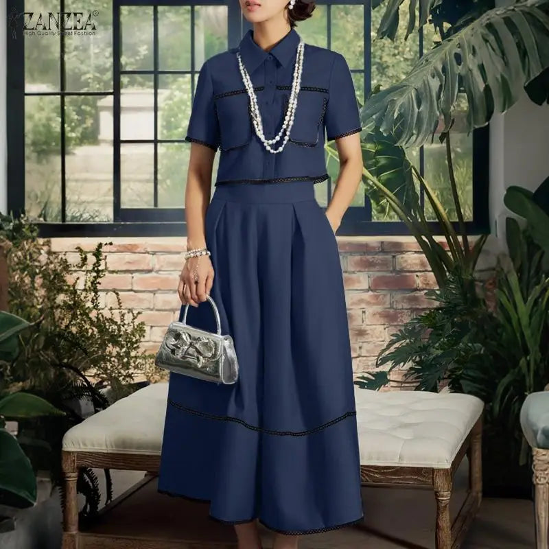 2026 Summer Outfits ZANZEA Women Patchwork 2 Pieces Sets Elegant Lapel Neck Short Sleeve Shirt A Line Dress Suit Matching Sets