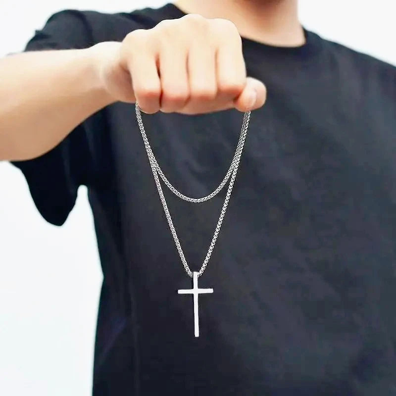 Necklace Pendant Hip Hop Trend Cross Pendant Necklace for Men Simple Punk Silver Color Titanium Steel Chain Versatile Street Jewelry Accessories