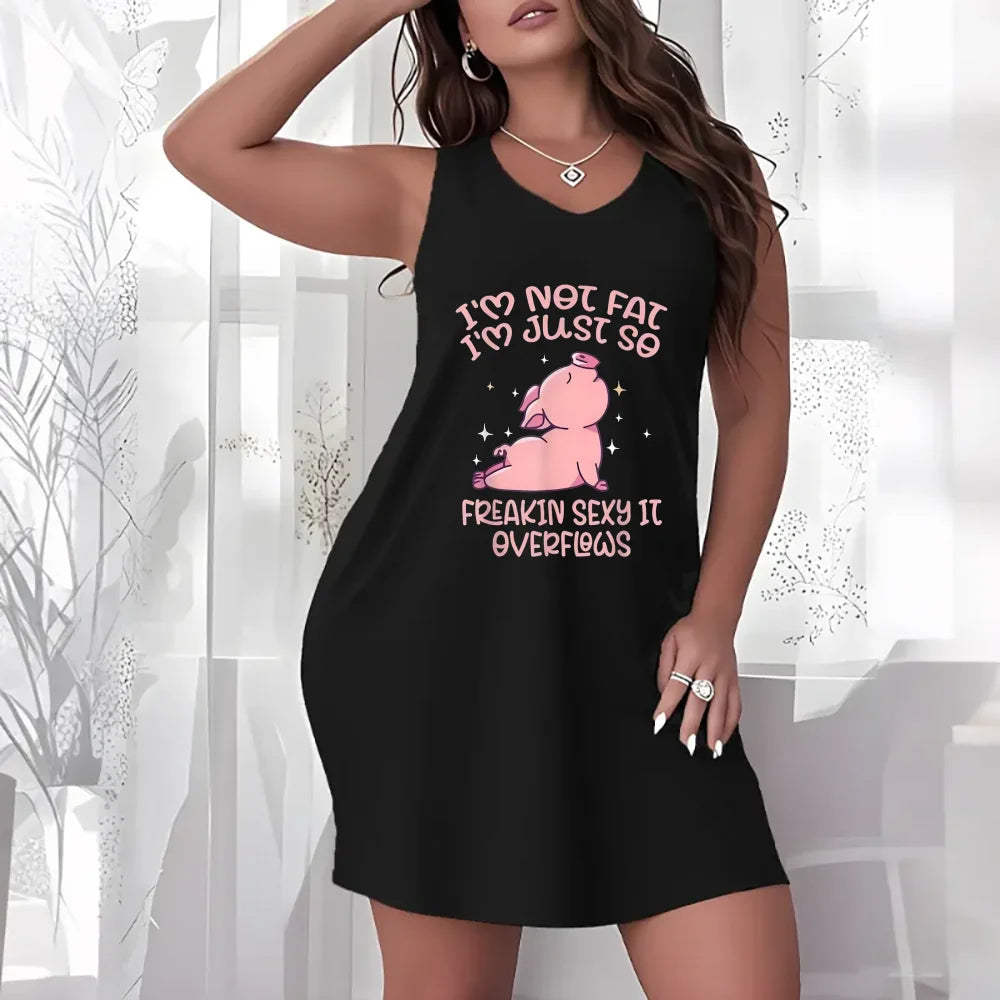 Casual Dress Women Plus Size Sleeveless Crew Neck Tank Dress Cute Cartoon Pig Funny Quote Print Loose Fit Casual Daily Short Lounge Dress