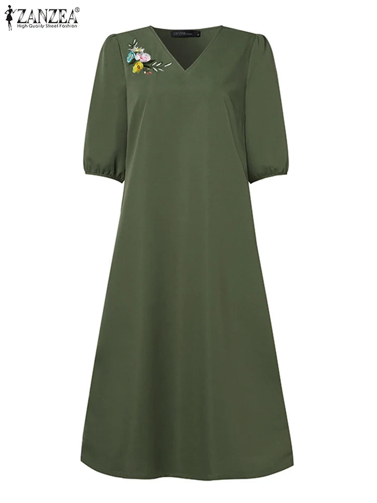ZANZEA Women V Neck A-line Vestidos Solid Holiday Casual 2024 Summer Dresses Commute Half Sleeve Floral Embroidery Midi Dress