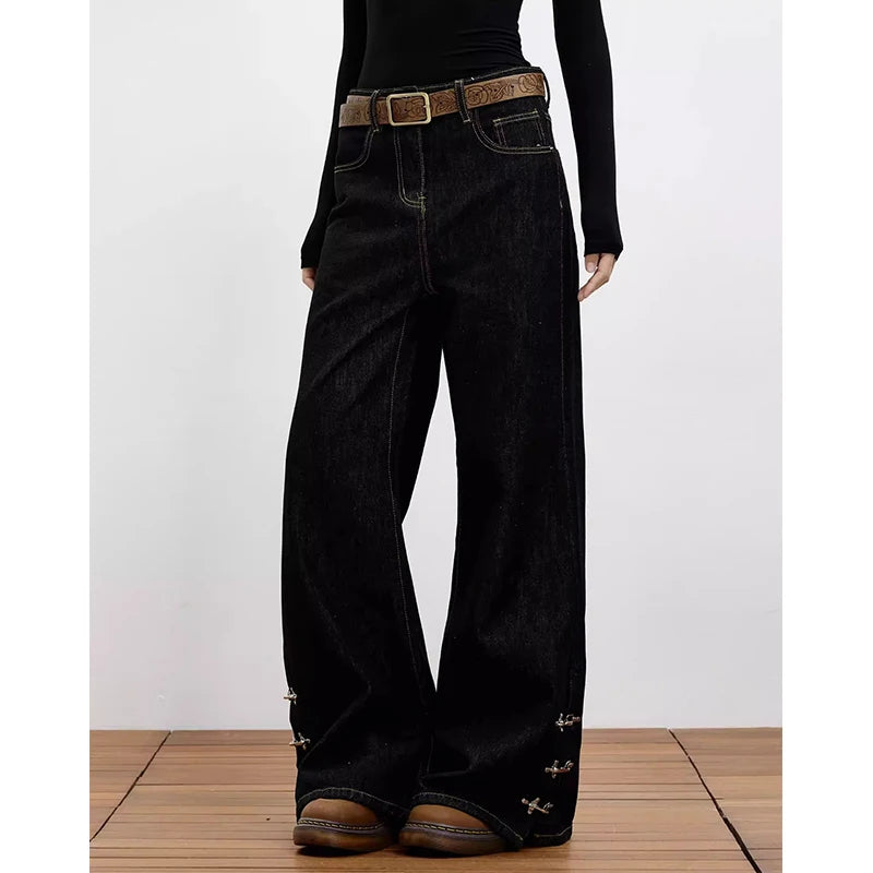Women Black Gothic Y2k Baggy Cargo Jeans Vintage Japandi Style Grunge Jean Pants Harajuku Oversize Denim Trousers Clothes