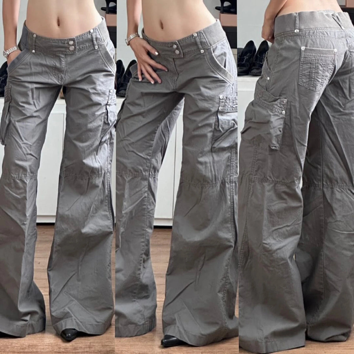 SUCHCUTE Chic Gray Cargo Jeans Y2k Streetwear Casual Loose Denim Pants For Women Aesthetic 90s Low Waist Straight-leg Trousers