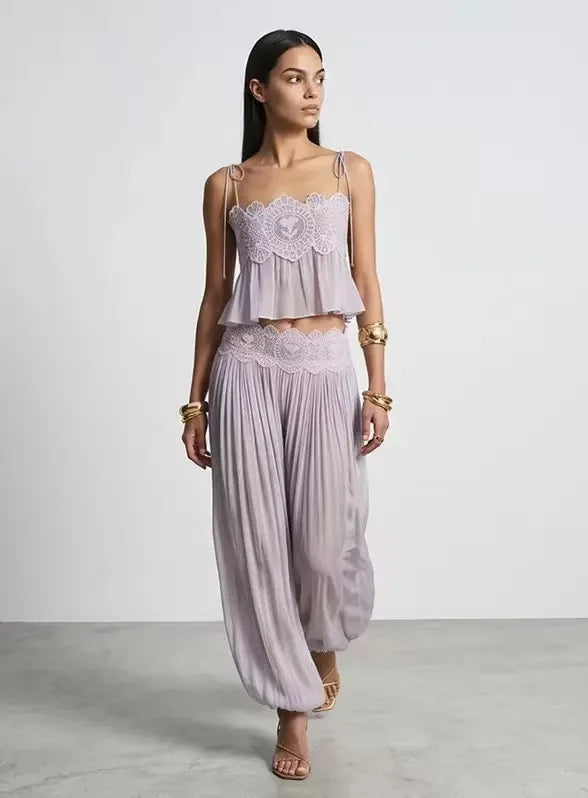 Beach Floral Women's Sets Beach Water‑Soluble Floral Lace Hollow Out Women's Pants Sets, Ruffles Spaghetti Strap Crop Tops, Loose Pleated Lantern Pants, 2