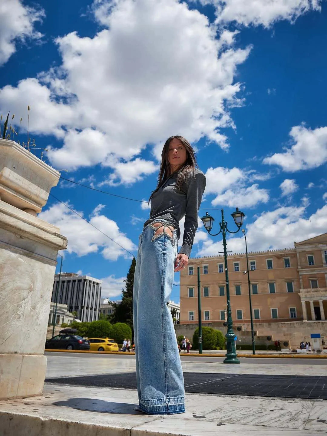 New Light Blue Washed Wide Leg Jeans Women Star Cutout Rhinestone Waist Detail High Waist Baggy Denim Pants Y2K Streetwear