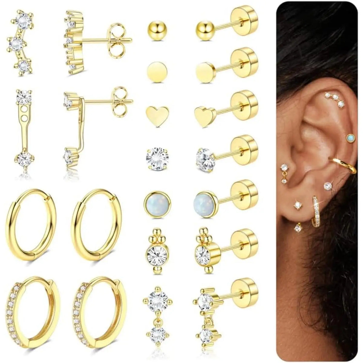 11Pairs Hypoallergenic Flat Back Earrings for Women Trendy 20G Surgical Stainless Steel Earrings 14K Gold Plated Cartilage Earring Stacks Flatback Stud Earring Sets for Multiple Piercing