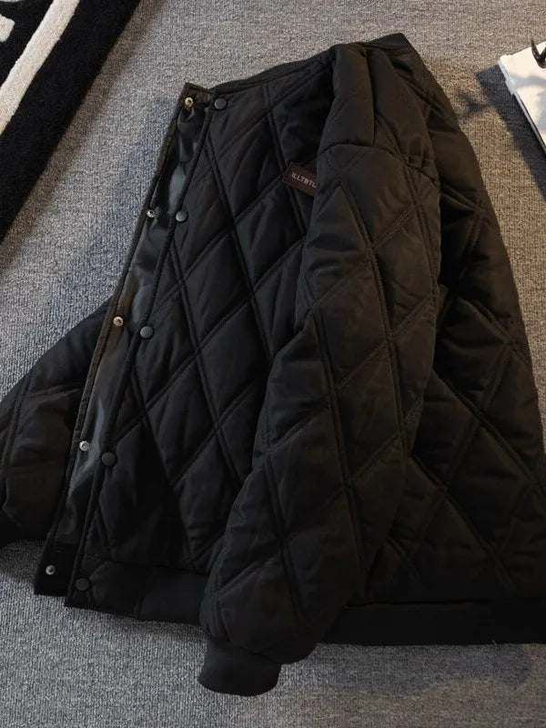 Coat Thickened Cotton Pilot Jacket Autumn Winter Style Unisex Diamond Grid Design Warmth Baseball Collar Short Length Coat