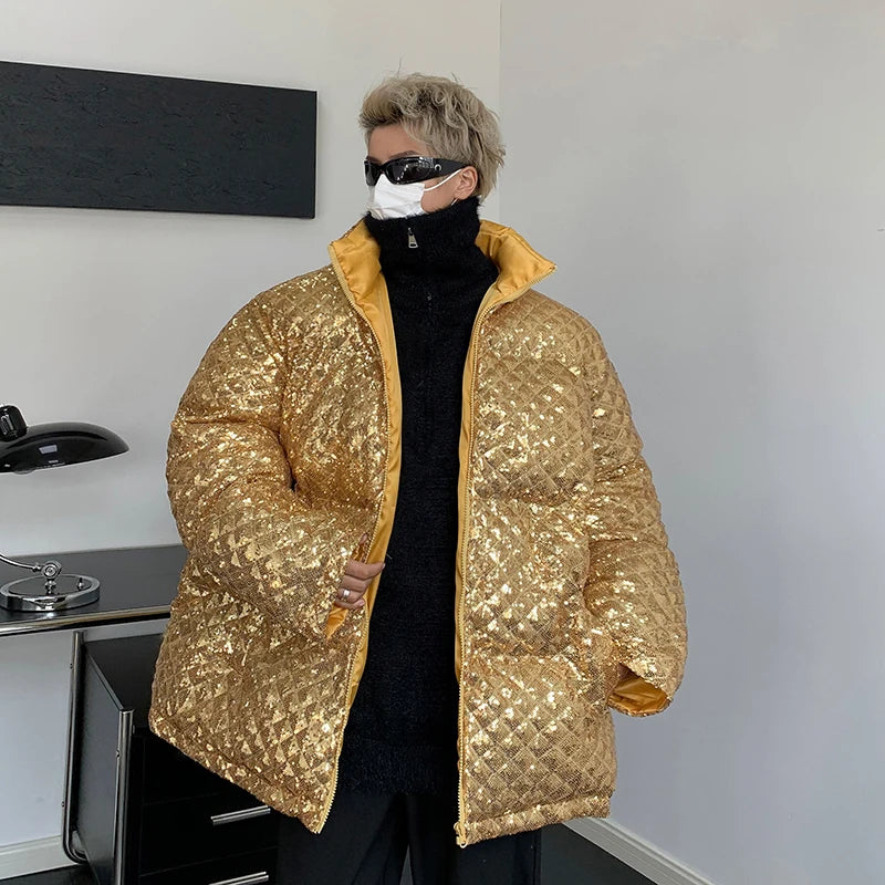 Winter Thickening Sequin Jacket Men's Warm Parka Men Fashion Casual Hooded Coat Man Streetwear Loose Hip Hop Coat
