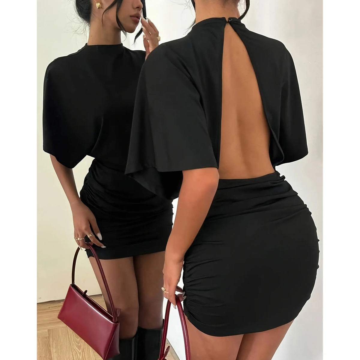 New Summer Slim Sexy Dresses for Women Stand Collar Women Dress Short Sleeve Backless Dress Women Vestidos De Verano Mujer