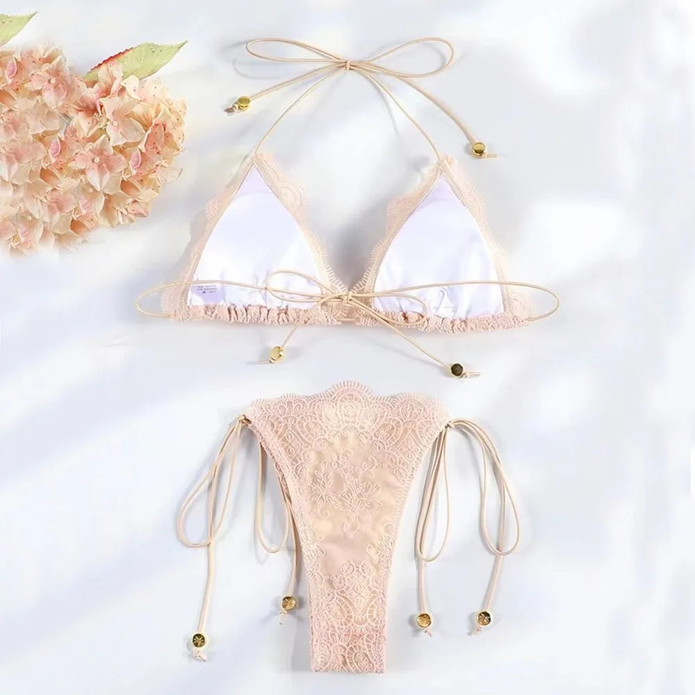 2Pcs/Set Fashion Summer Lace Bikini Set Bandage Patchwork Triangle Swimwear Casual Hollow Bathing Suit Vacation