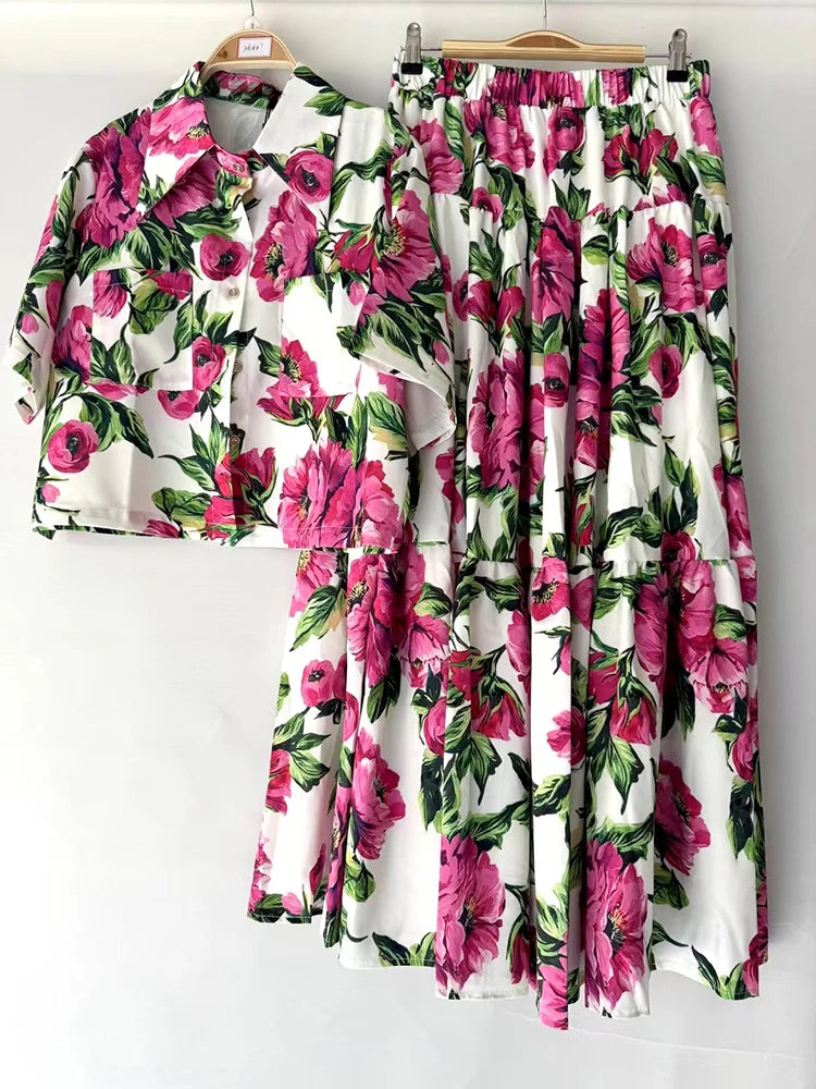 Set Women's Two-piece Skirt 2026 Summer Women's Clothing Retro Printed Lapel Short Shirt Two-piece Set + Loose Large Size Smocked Skirt Fashion Suit