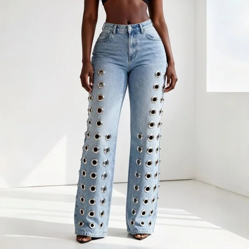 Girls Fashion Metal Ring Cutout Hollow Out Straight Leg Jeans Female Mid-rise Slim Fit Denim Pants Women Retro Designer Trousers