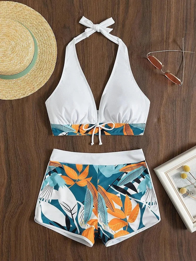 Europe and the United States swimsuit ladies print neck conservative flat Angle high waist split flat Angle bikini high waist