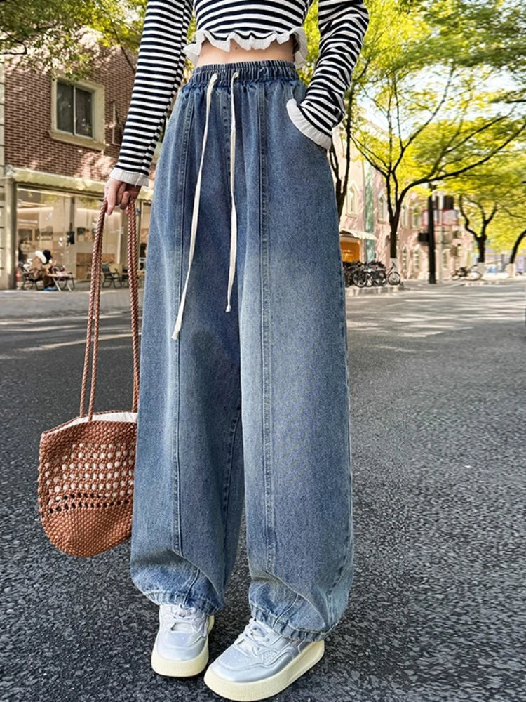 2026 Autumn Women's Jeans European Style High Waist Slimming Loose Straight Floor Length Harem Wide Leg Trousers Sickle Pants