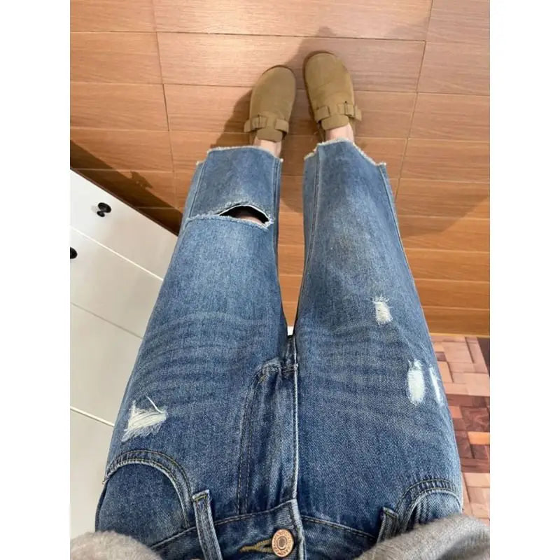 High Waist Blue Ripped Nine-Tenths Jeans Women's Summer Thin Loose Plus Size Straight Leg Wide Leg Pants Casual Slimming