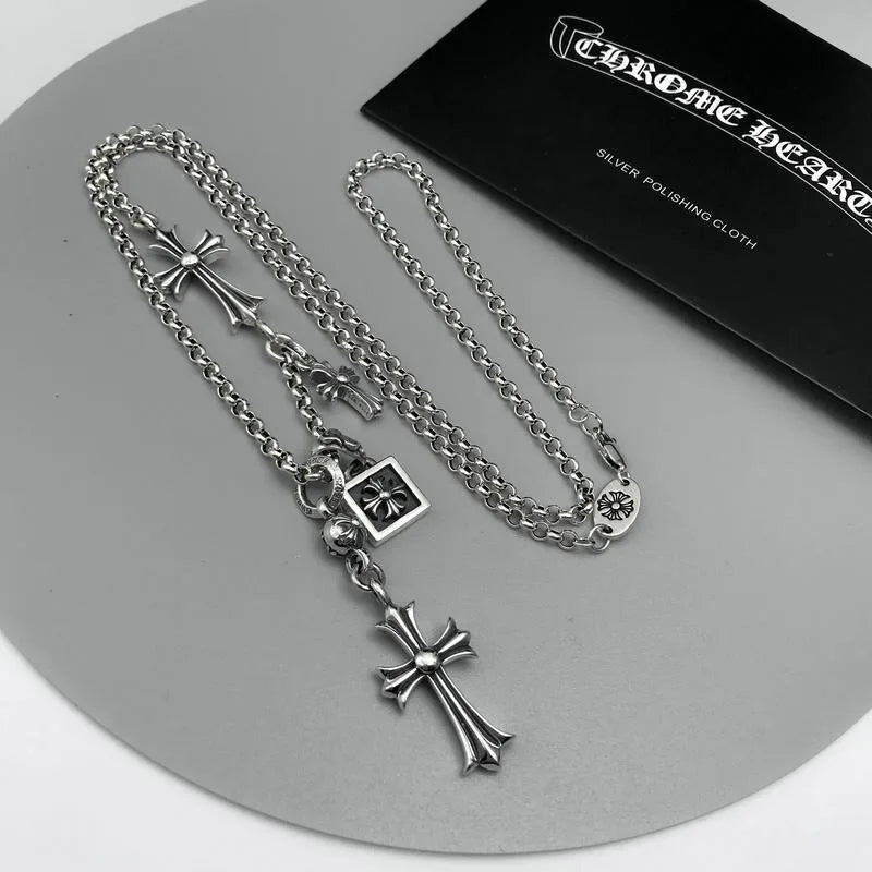 New Cross Necklace Men's and Women's Personality Long Cross Double Pendant Vintage Thai Silver Necklace