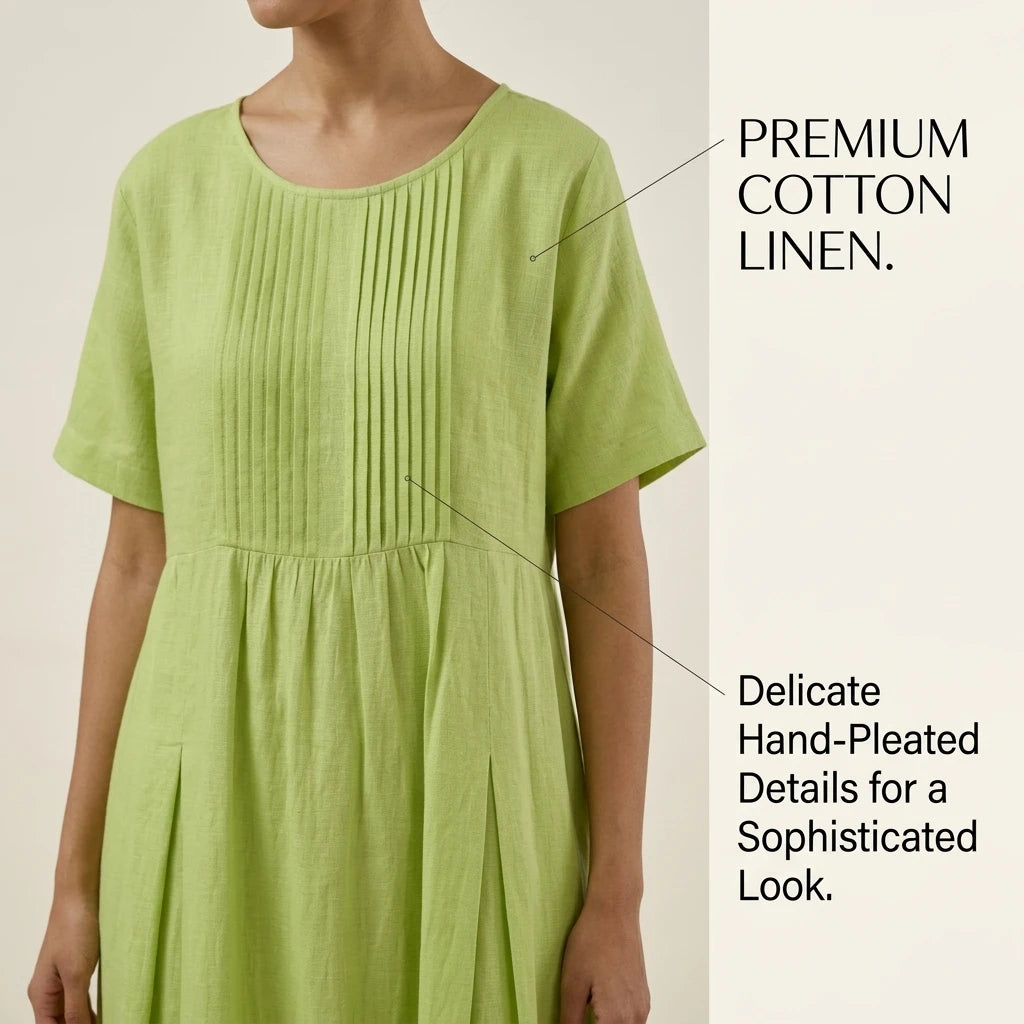 Cotton Linen Dress for Women Pleated Solid Color Short Sleeve Casual Midi Pullover Sundress