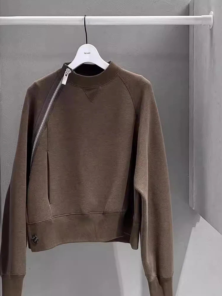 Sweatshirt High Quality Autumn 2026 Early Season Design Sensation Cold Toned High End Feel Diagonal Zipper Coffee Color Sweatshirt