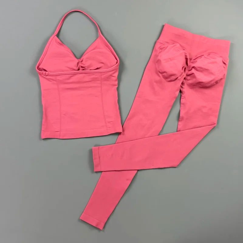HISTELLO 2 Piece Gym Leggings Set Women's Yoga Longline Strappy Top Seamless Fitness Clothing Running Workout Sports Tops Outfit