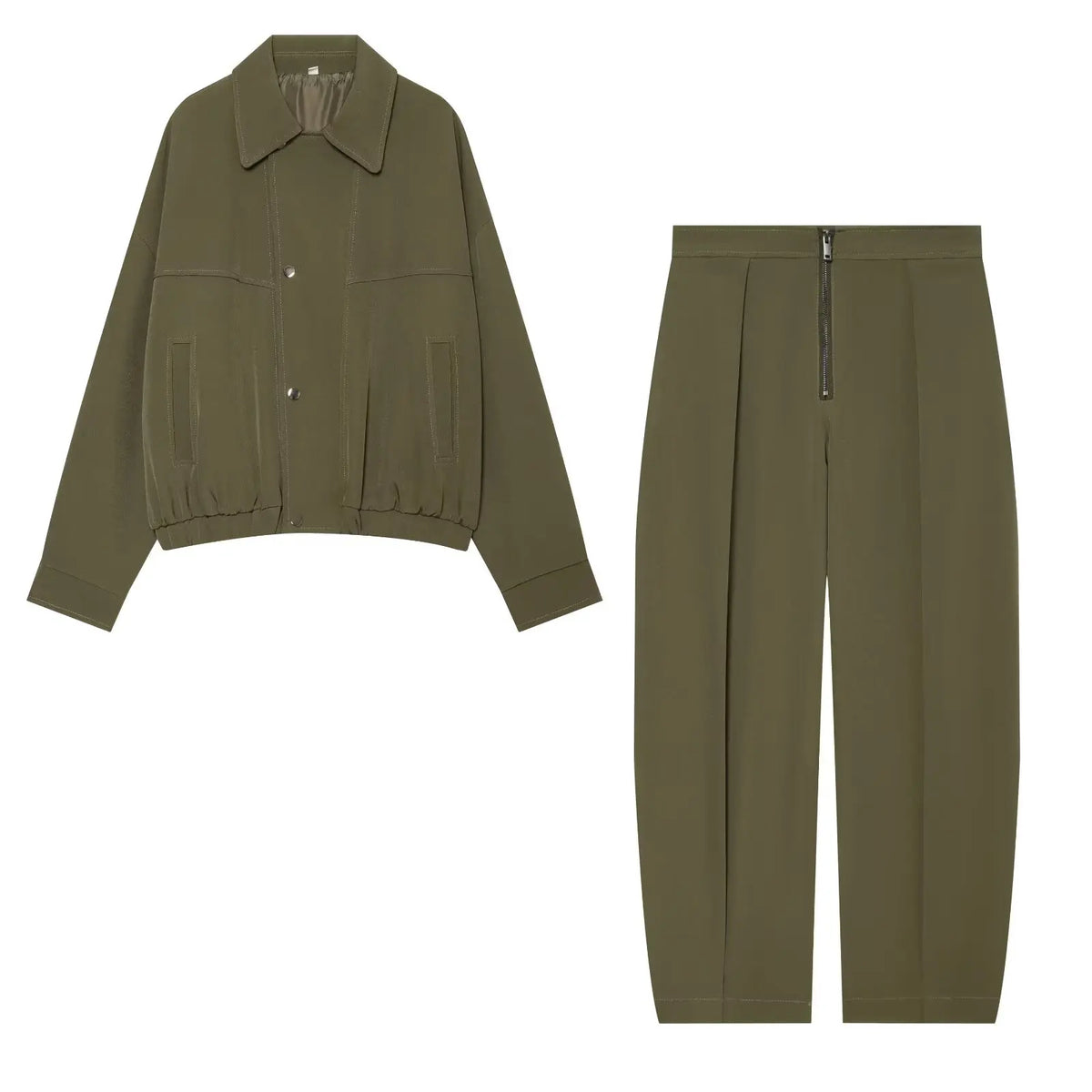 BSAY Korean Minimalist Matching Set Women Lapel Cropped Jacket High Waist Front Zip Wide Leg Pants Daily Office Casual Outfit