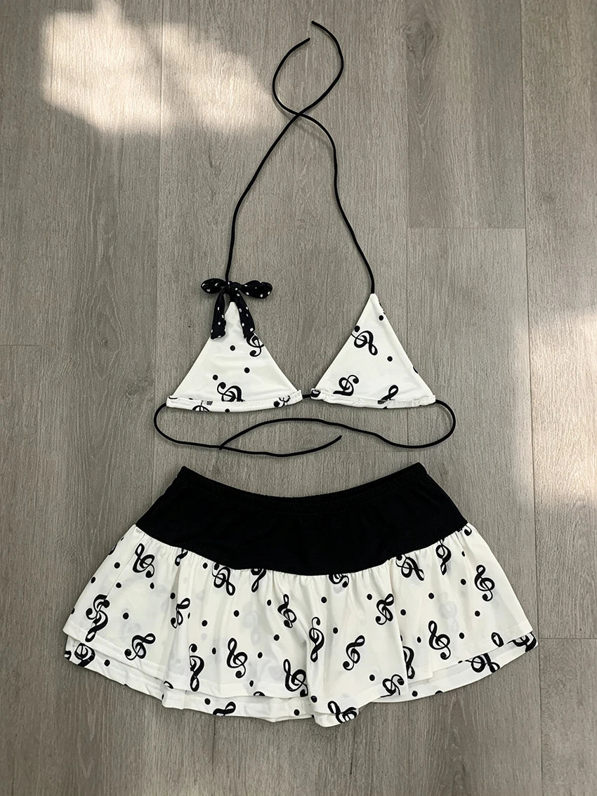 Music Note Print Women Skirted Bikini Sets Halter Neck Bow Decor Swimsuits Summer Beach Holiday Swimwear Two Piece Bathing Suits
