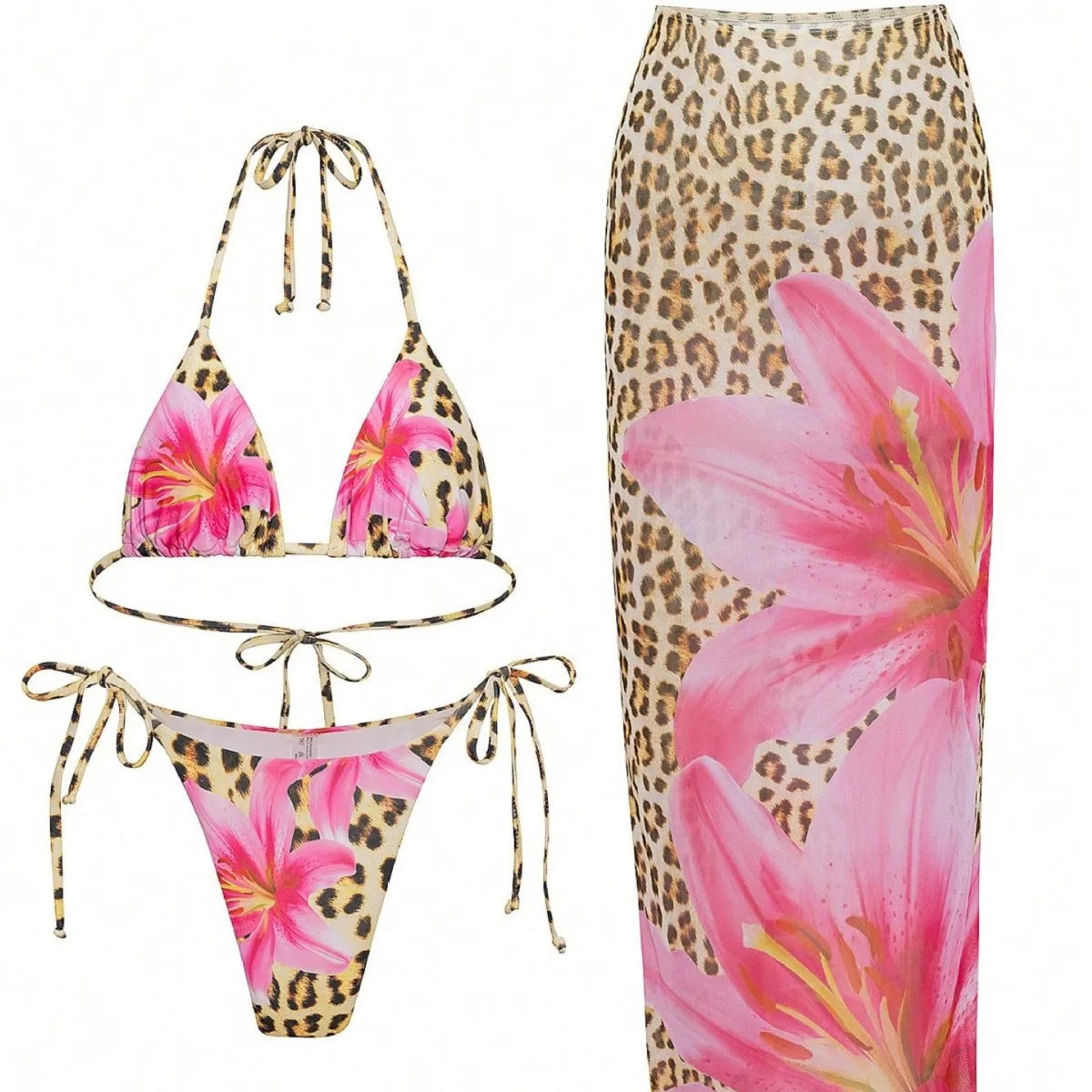 Leopard Pink Lily Flower Print Halter Triangle Bikini Set for Women Long Wrap Skirt Beach Swimwear Cover‑Up Holiday Summer