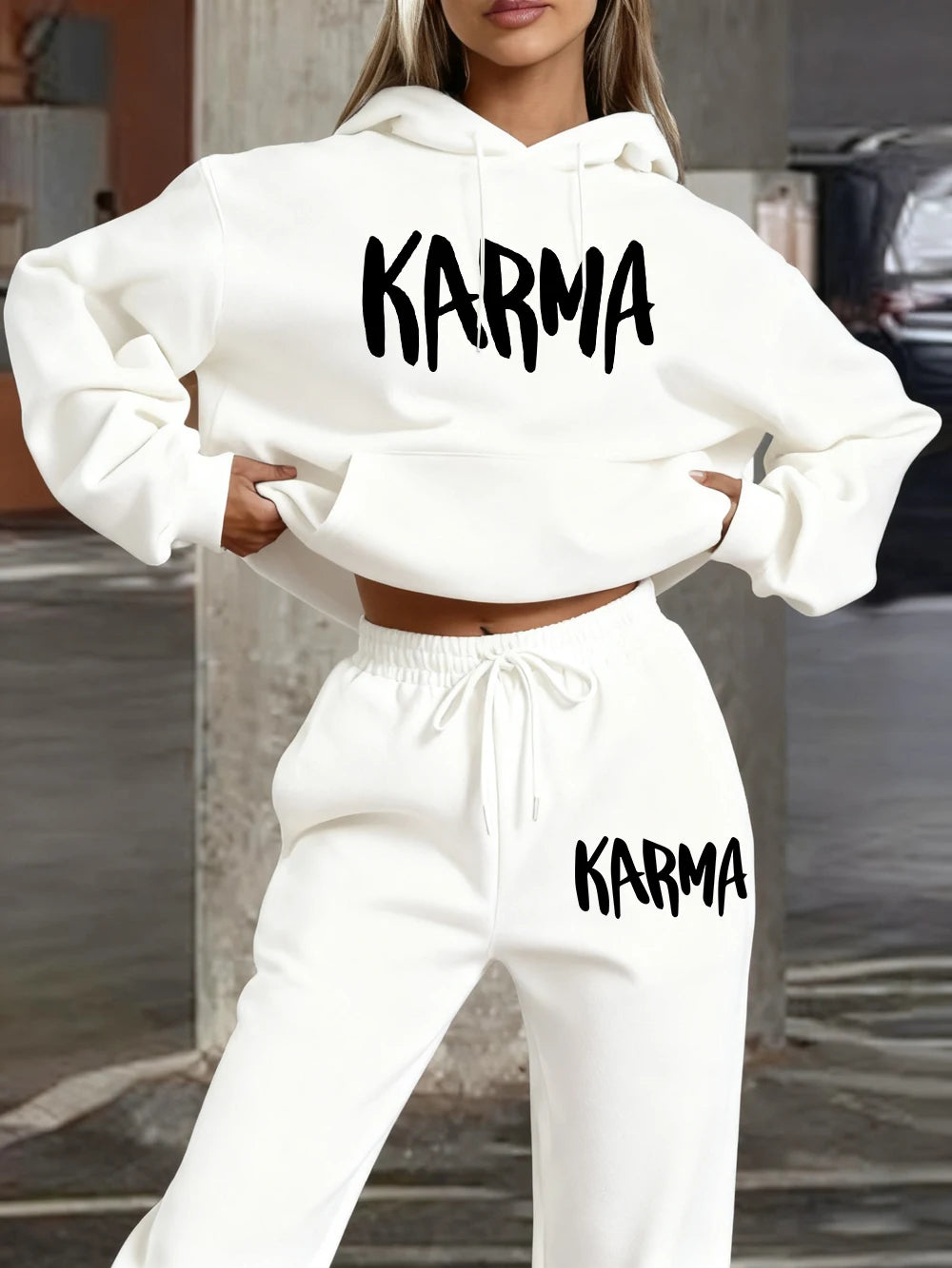 2 Piece Hoodies Set Womens Karma Letter Printing Sweatpantssporty Oversized Fleece Warm Sweatshirts Pants Autumn Pocket Clothes