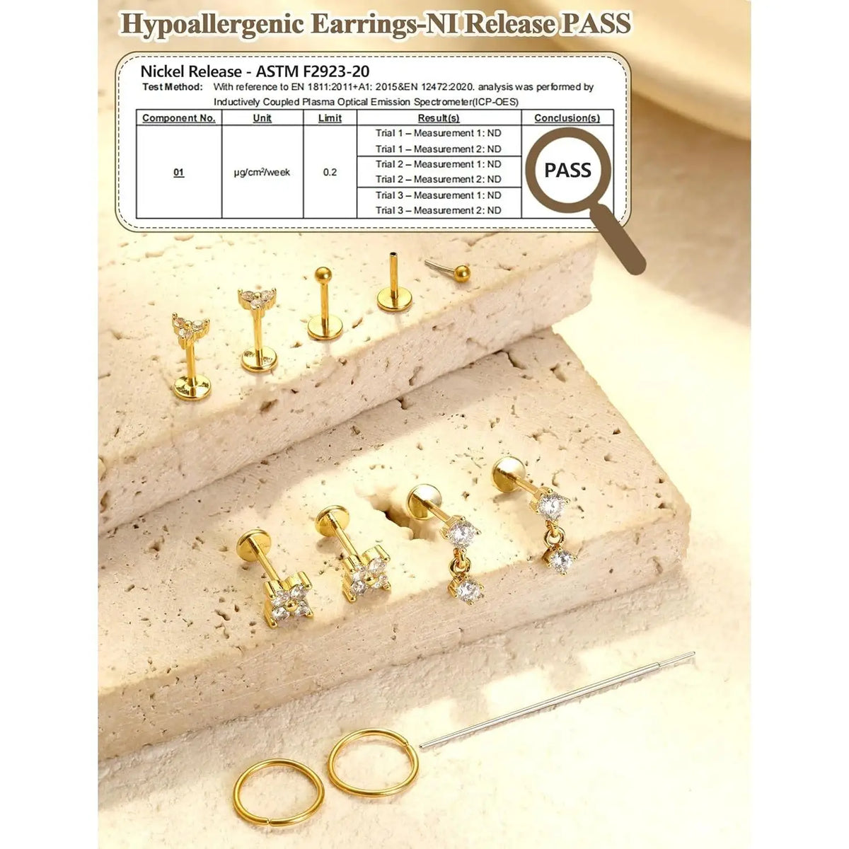 4 Pairs Gold Plated Flat Back Earrings Studs for Women Men CZ 316L Surgical Steel Nose Tragus Helix Lip Piercing Jewelry