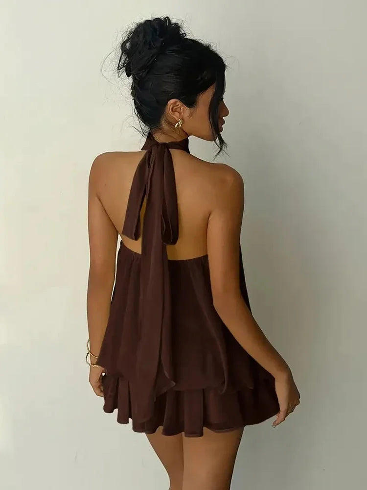 Women Halter Neck Chiffon Mini Dress Sleeveless Tiered Ruffle Flowy Dress Solid Loose A Line Summer Party Beach Casual Sundress